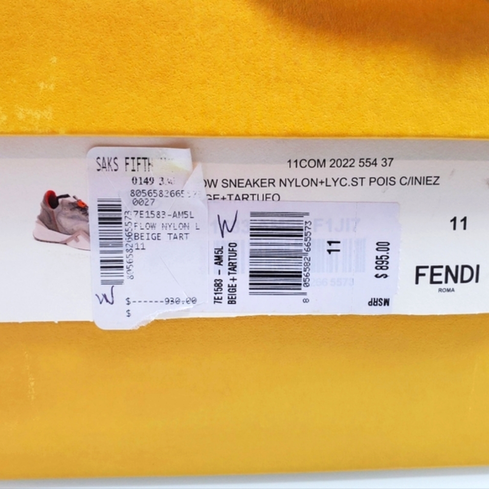 NWT$930 Fendi FLOW Beige Nylon Lowtop Leather Running Sneakers Sz US 12 Fendi 11 - Picture 16 of 16